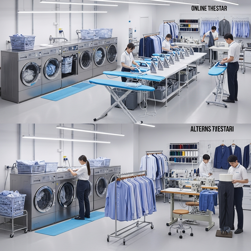 Commercial laundry service workspaces showing staff using industrial washers, ironing stations, and alteration areas with organized garment displays 